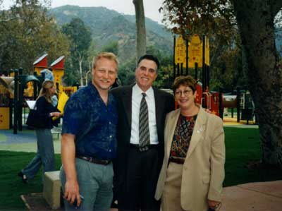 Jim Zons of EZ New Media, Barry Sohnen representing the 
Board of Directors for Shane's Inspiration and Amy Barzach, 
Director of  Boundless Playgrounds National Resource Center
at the Grand Opening of Shane's Inspiration in Los Angeles 
on September 21, 2000.